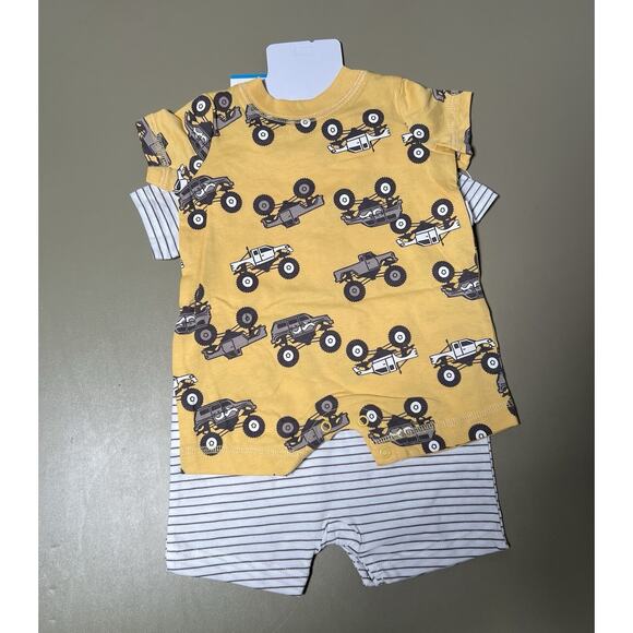 Carter’s Baby 2 Pieces 0-3M White W/Gray Stripes And Yellow With Trucks - Picture 2 of 5